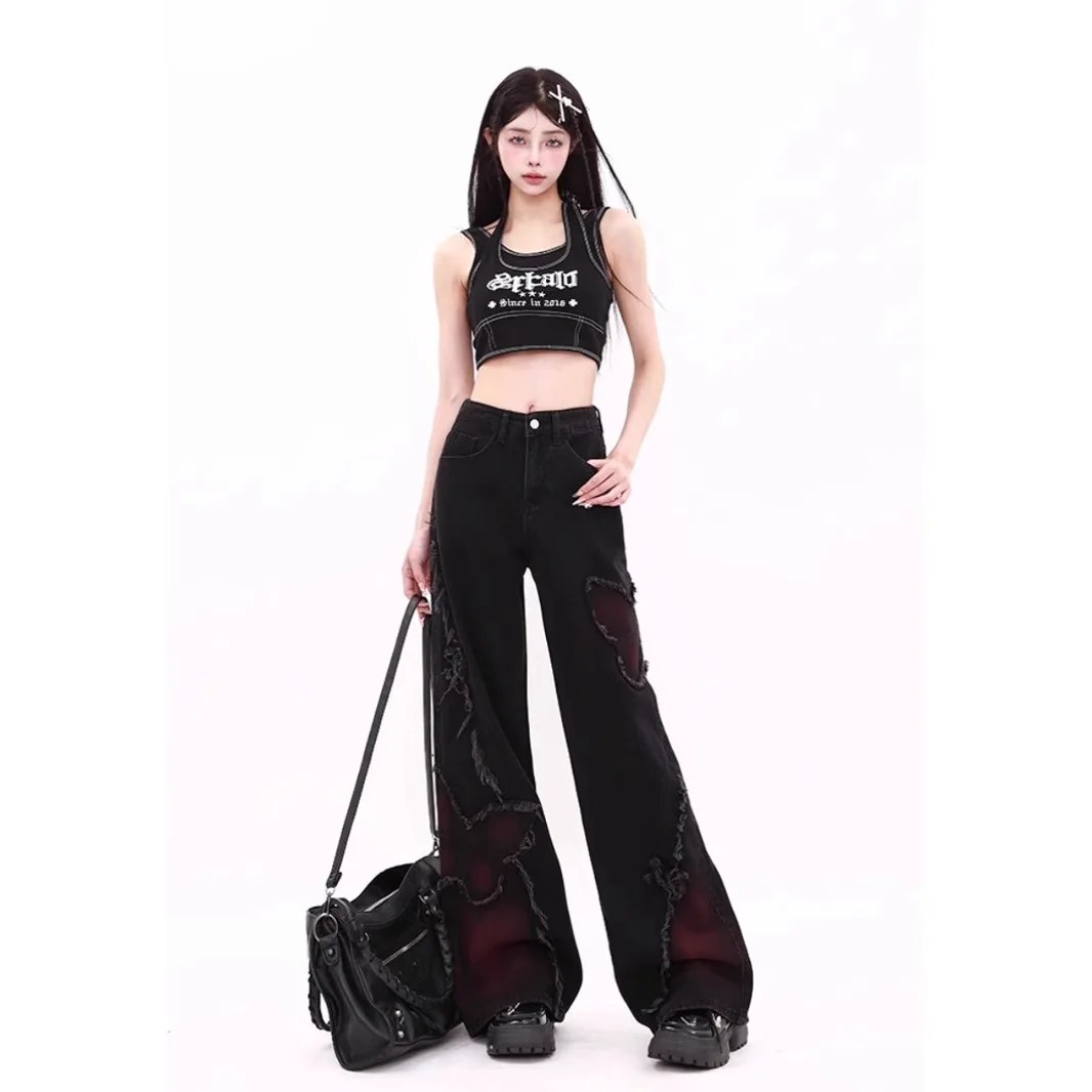 American Vintage Black Butterfly Wide Leg Jeans Women High Waist Slim Straight Niche Design All Season Streetwear Denim Pants