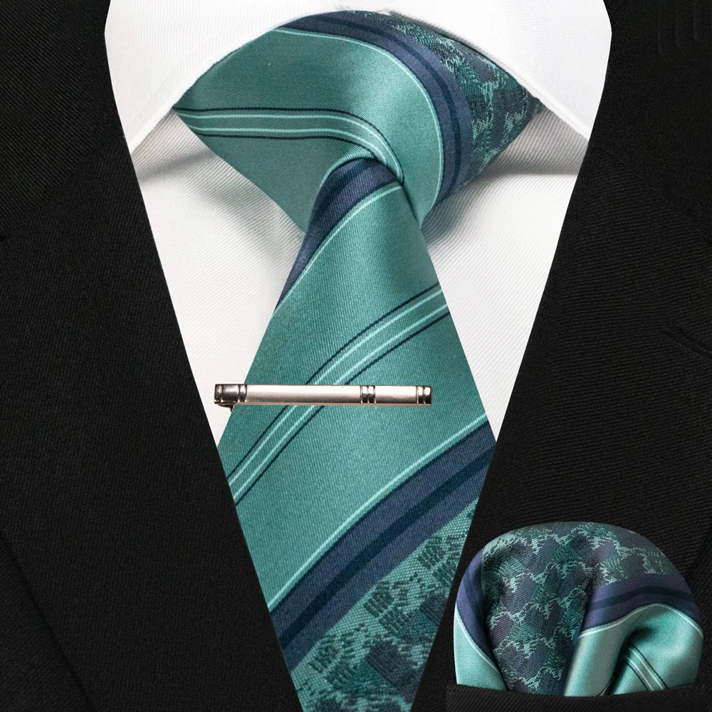 JEMYGINS Business-Krawatte für Herren, Seidenkrawatte in Marineblau, gestreifte Paisley-Krawatte, Einstecktuch, Krawattenklammern, Set für Hochzeit, Party, Geschenk – Detail 19