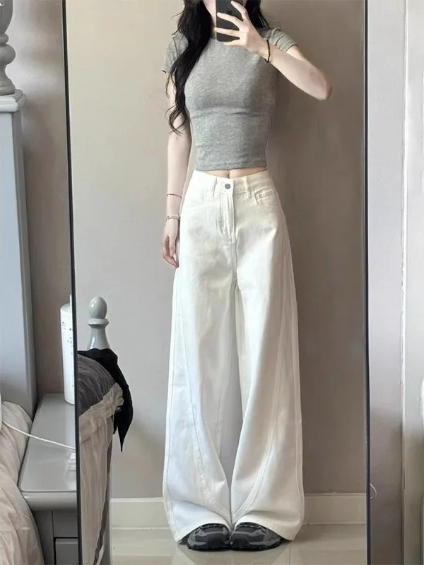 

White Wide Leg Jeans Women's Loose Fit High Waist Slimming Straight Cut Summer New American Style Casual High Waist Jeans
