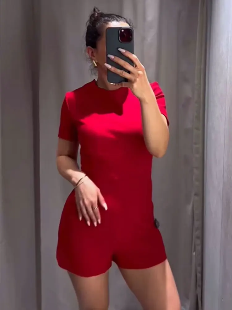 

TRAFZA Summer Woman Causal Solid Jumpsuits Short Sleeves O-Neck Fashion Back Hollow Out Bow Female Vintage High Street Rompers