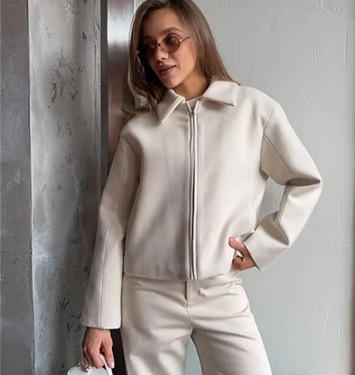 

Autumn Winter New Lapel Long Sleeve Zipper Woolen Coat European American fashion loose Casual