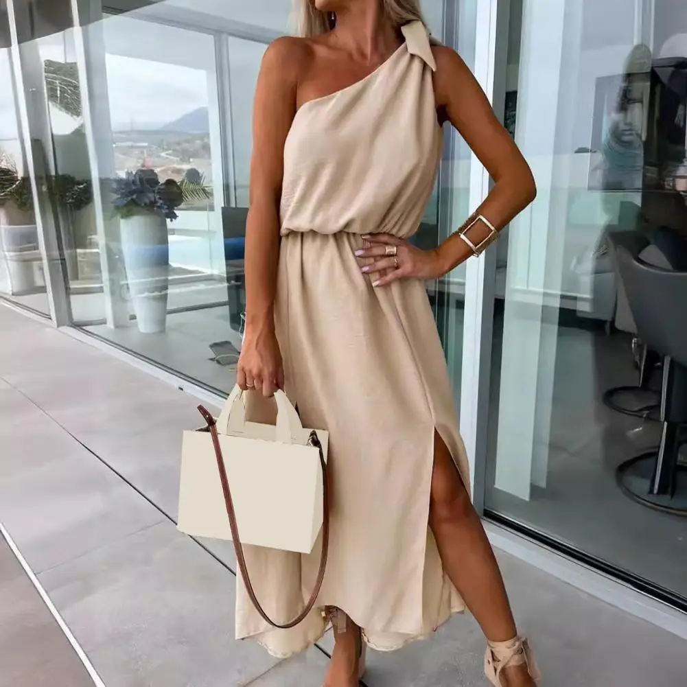 

Summer Women Dress Lace-up One Shoulder Sleeveless Long Dress Solid Color Slant Neck Tight Waist Split Hem Vacation Midi Dress