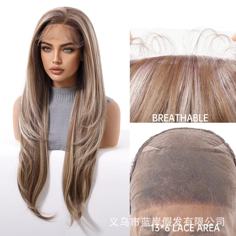 Fashionable new model 13*6 large-area wig with free parting, dyed golden layers, long hair full headpiece