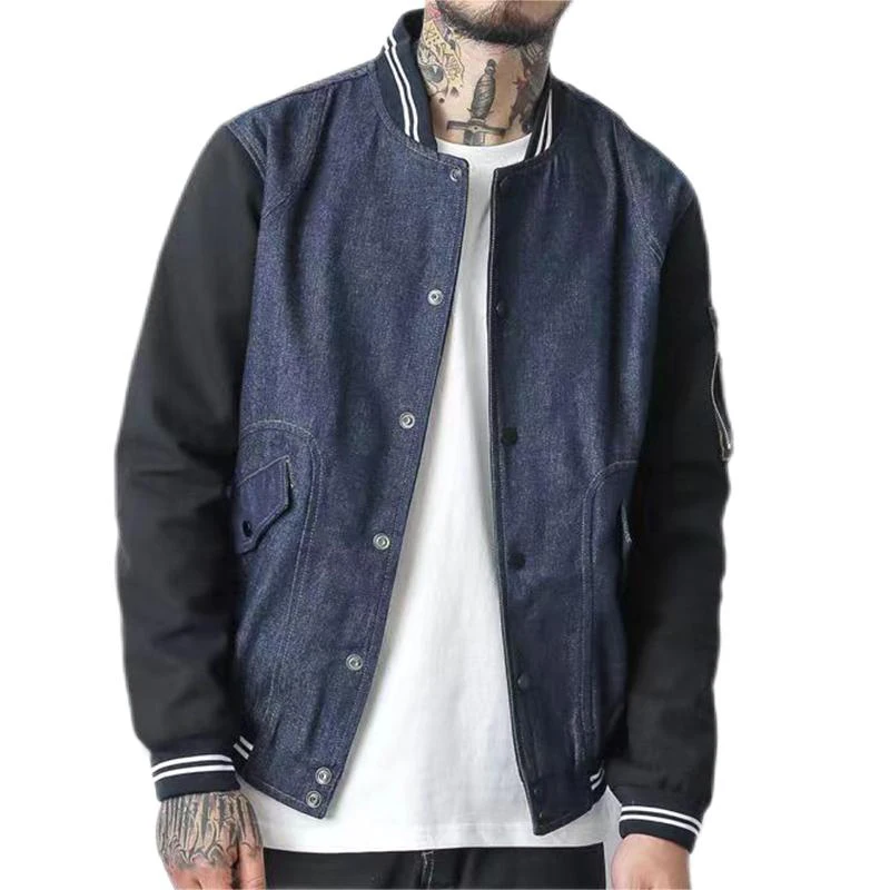 

Japan Style Men Patchwork Sleeve Denim Baseball Jacket Stand Collar 2023 Spring Autumn Casual Denim Coat