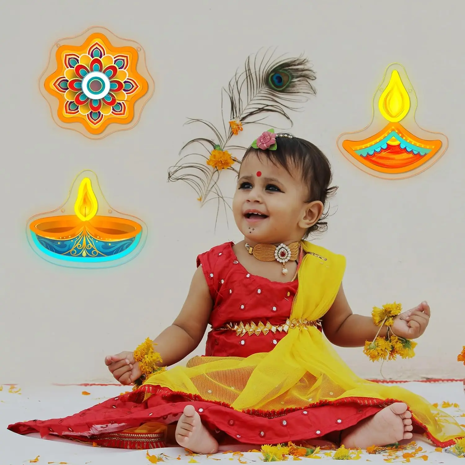 3pcs/set Diwali Mandala Diya Lamp LED Neon Sign USB Neon Light for Indian Festival Party Bedroom Home Decor Christmas Gift