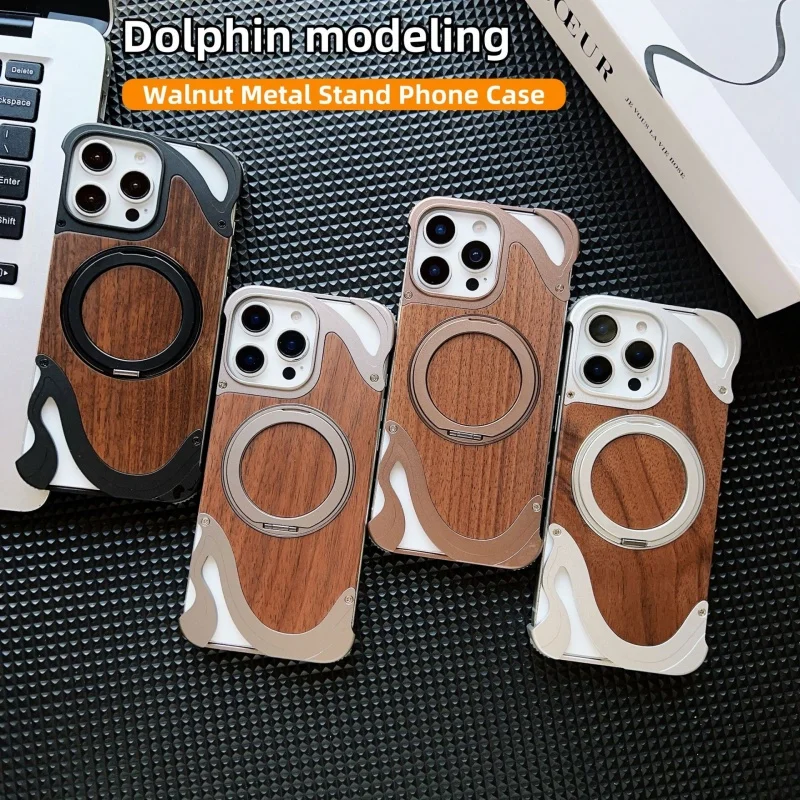 

Walnut Wood Metal Borderless Aluminum Alloy Case For iPhone 16 15 14 Pro Max Magsafe 360°Rotation Kickstand Protective Cover