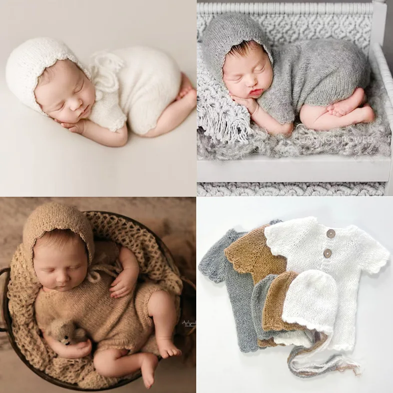 Baby Outfit  Newborn Photography Props Knitted mink Hair Baby Jumpsuit Hat Photoshoot Clothing