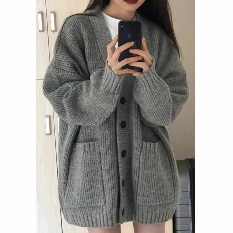 Korean Fashion Female Red Lazy Wind Loose Fitting V-neck Cardigan Knitting Sweater Women New Korean Cardigans Knitwear Tops Coat