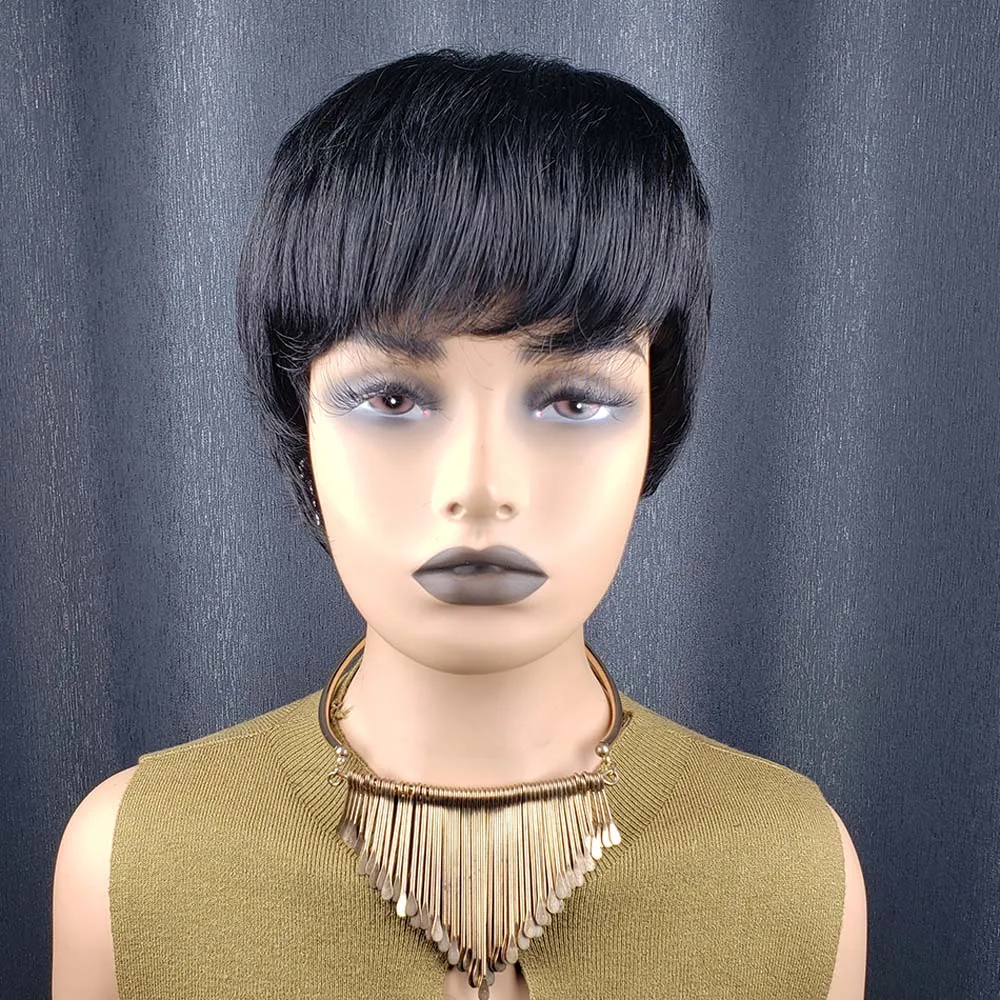 Pixie-Perücken für schwarze Frauen, Echthaar, kurze geschichtete Perücken mit Pony, voll maschinell hergestellte, maschinell hergestellte Perücke in natürlicher Farbe