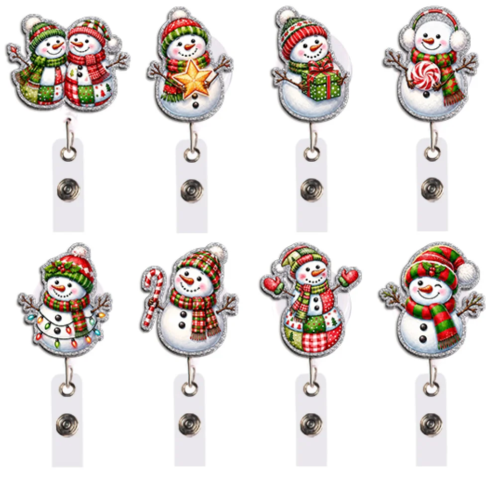 Kawaii Christmas Snowman Badge Reel Retractable ID Holder Scarf Hat Penguin Gift for Student School Office Commute