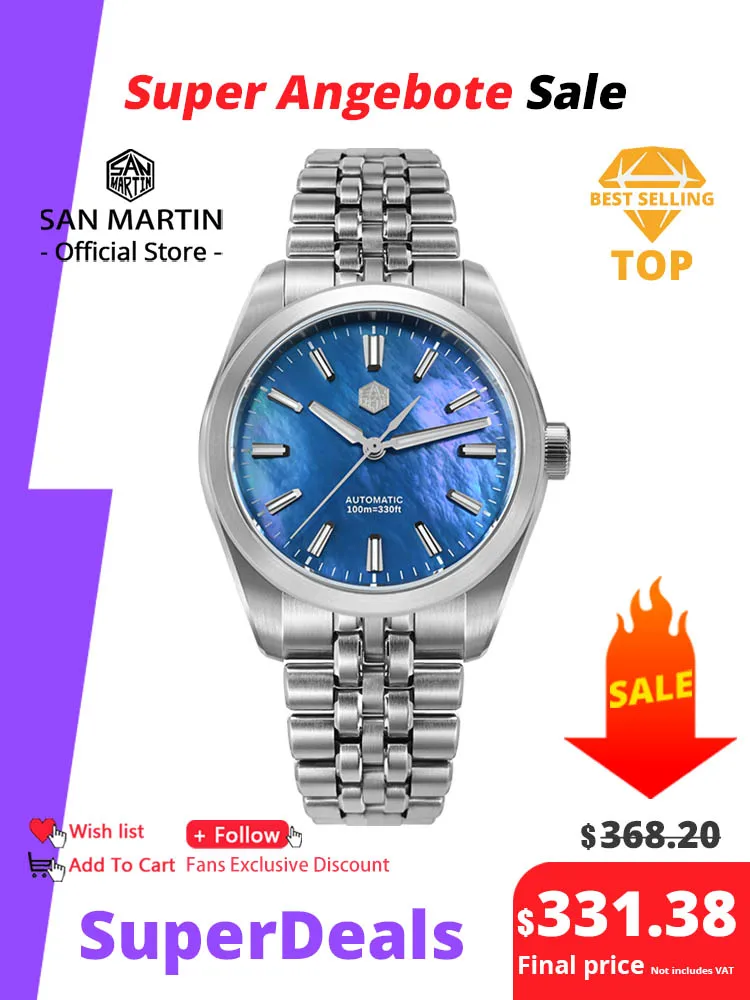 San Martin 39mm MOP Dial deporte Gada reloj de lujo vestido hombres Miyota 90S5 reloj de pulsera mecánico automático impermeable 100m SN0144