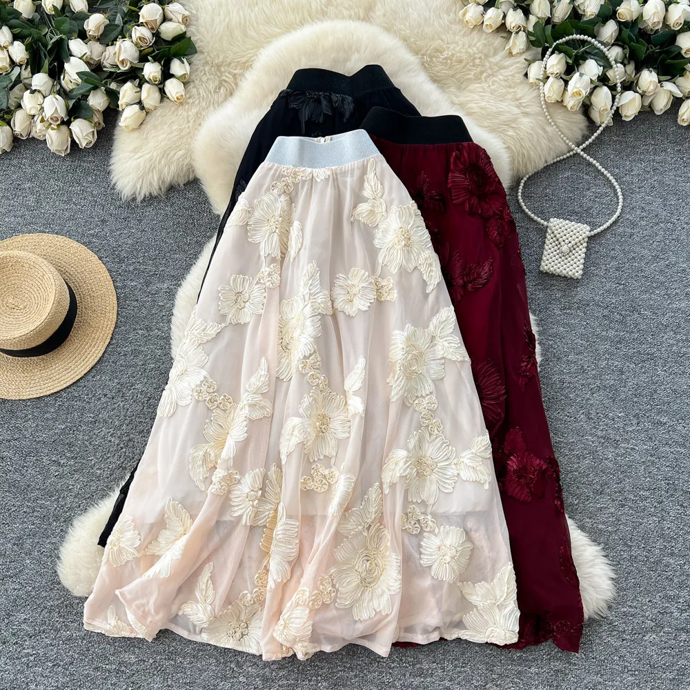Vintage Burgundy Red 3D Floral Embroidered Tulle Midi Skirt High Waist A-line Skirt For Women Elegant Evening Party Prom Outfits