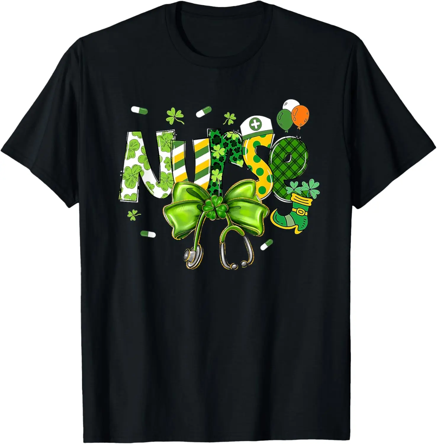 

St Patricks Day Nurse Shamrock Stethoscope Graphic Tee Breathable Cotton Crew Neck T-Shirt