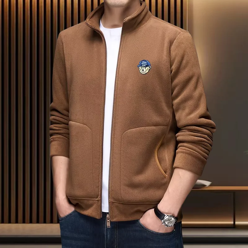 

Модный осенне-зимний новый бархатный теплый кардиган на молнии, мужская брендовая изысканная куртка с вышитой головой медведя и воротником-стойкой