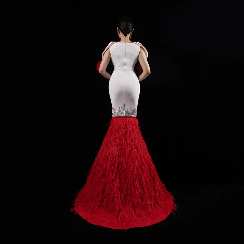 Bai sha jährliche Sitzung Abendkleid weibliche benutzer definierte Straußen haar neue Stickerei elegante Meerjungfrau Rock für Hochzeits gast h555