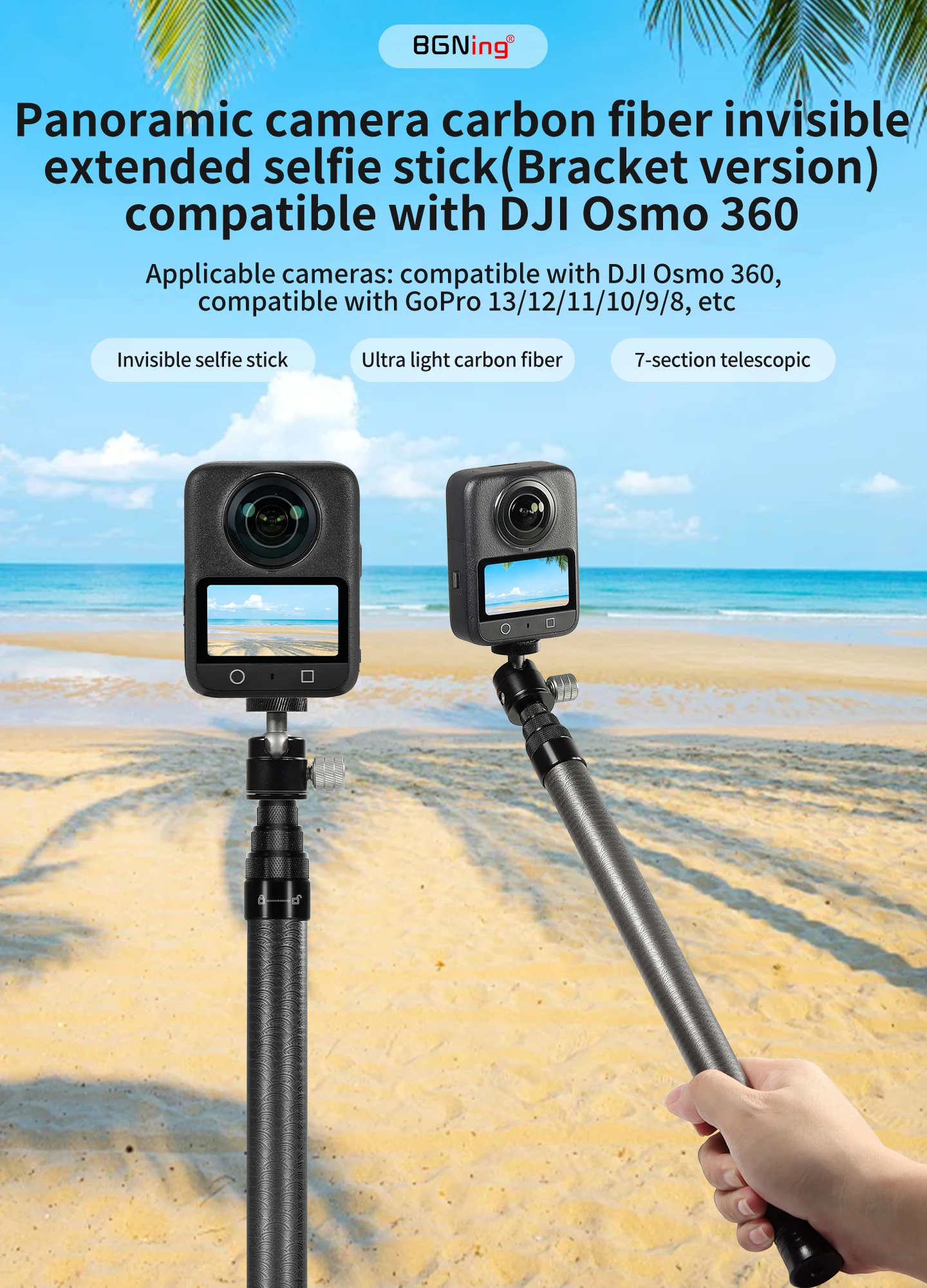 Einziehbares 3M Carbonfaser-Einbeinstativ-Selfie-Stick mit 1/4-Zoll-Stativadapter für Insta360 X6, Magnetic DJI OSMO 360, Pocket4, Action6 Kamera – Detail 1