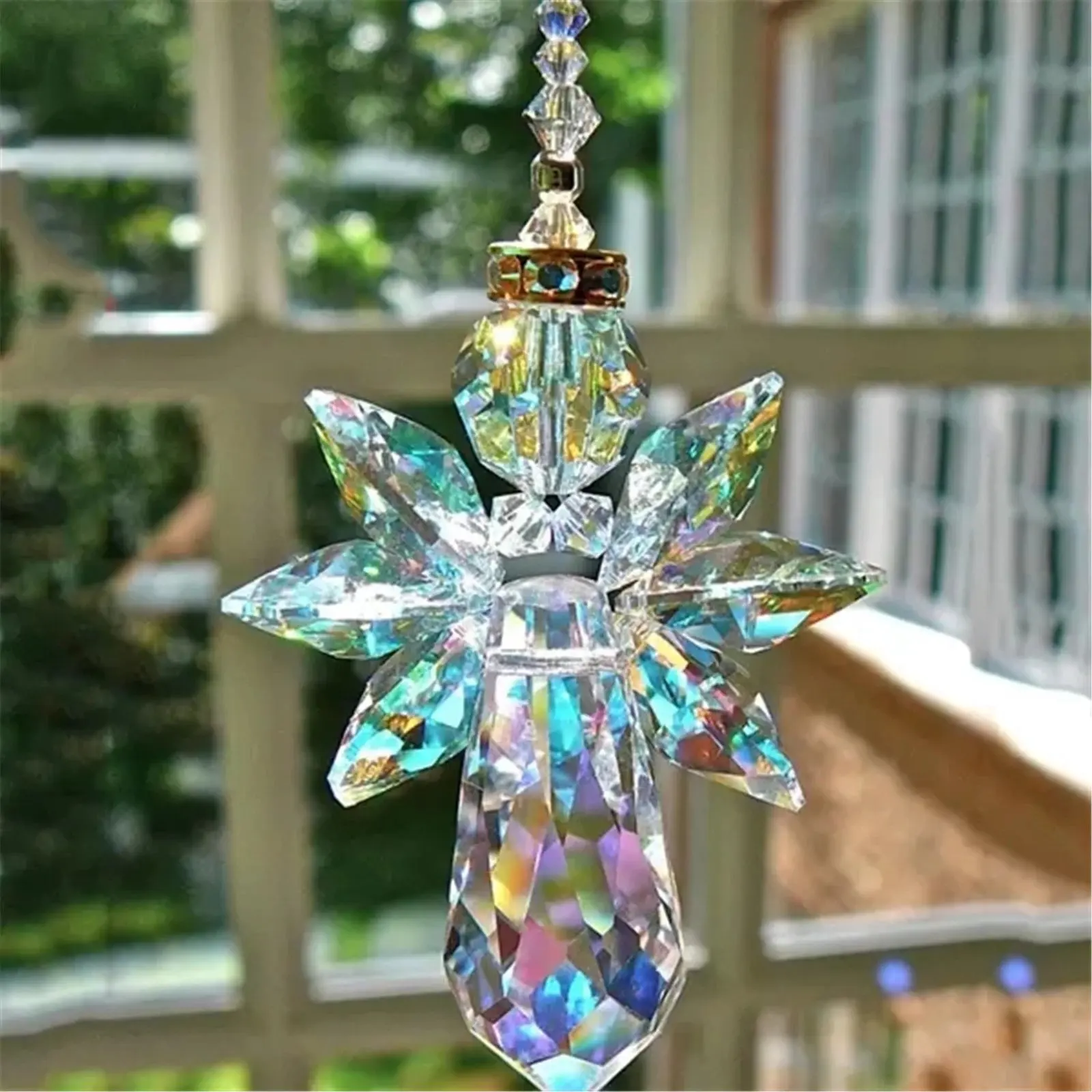 Modern Rainbow Crystal Angel Chakra Suncatcher Car Charm Pendant for Auto Rear View Mirror Hanging Decor -Transparent