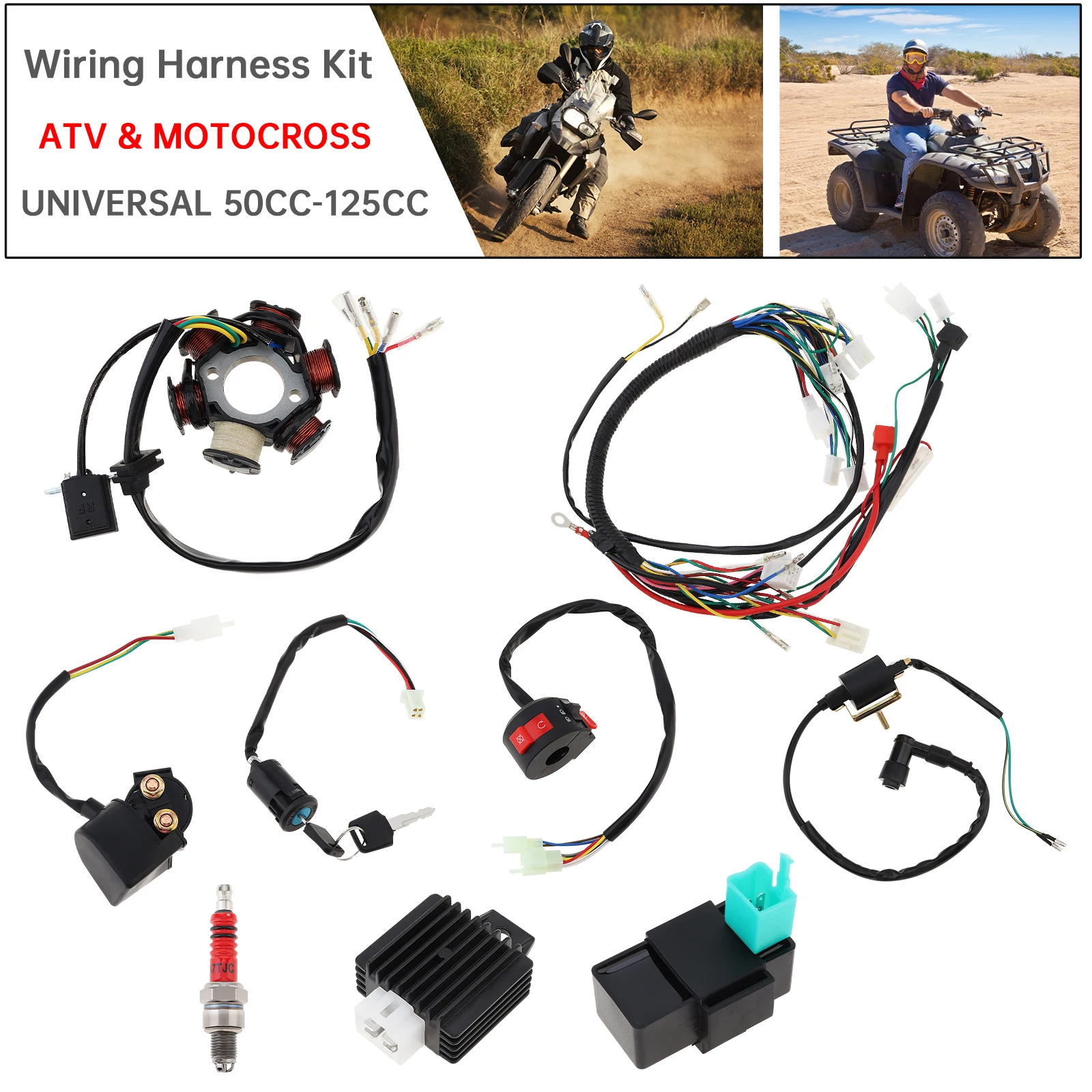 Motorcycle Ignition Coil CDI Solenoid Relay Wiring Harness for 4 Stroke 50cc 70cc 110cc 125cc ATV  4 Wheeler Quad Pit Dirt Bike