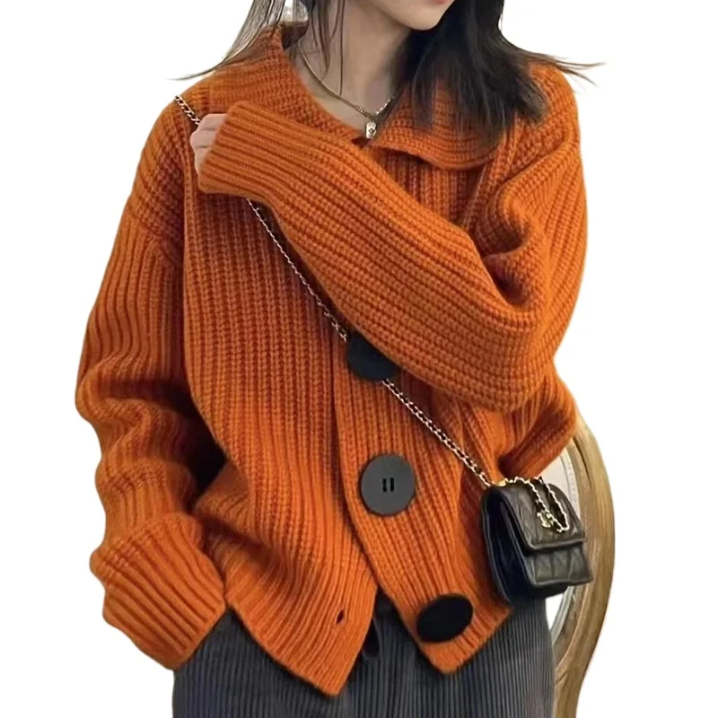 

Women's Chunky Knit Cardigan Jacket Big Button Collared Soft Woolen Rib-knit Sweater Autumn Winter Outfit