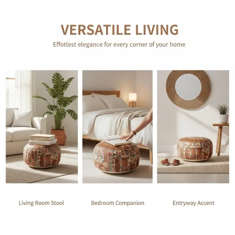 Round Storage Ottoman Stool Water-Resistant Bohemian Storage Ottoman Upholstered Foot Rest Leather-Like Top Footstool