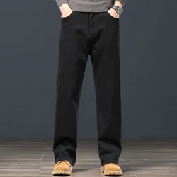 Classic Style Autumn and Winter Men's Plain Black Straight-leg Jeans Business Fashion Stretch Loose Denim Pants Male Brand