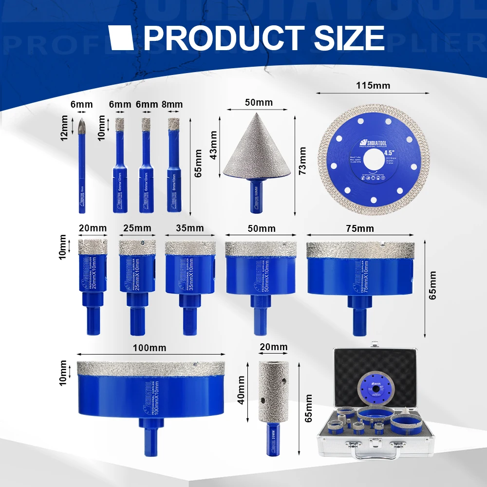 SHDIATOOL 12pcs Drilling Bit Kit Triangle Shank With Carbide Bit 115mm X Mesh Cutting Disc 20mm Milling Bit 50mm Chamfer Hex