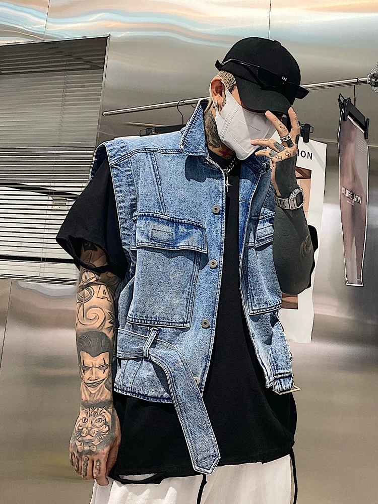 

New Belted Short Denim Vest Men Biker Moto Coat Spring Summer Pockets Sleeveless Chic Streetwear Jeans Jacket Men's Club Tops