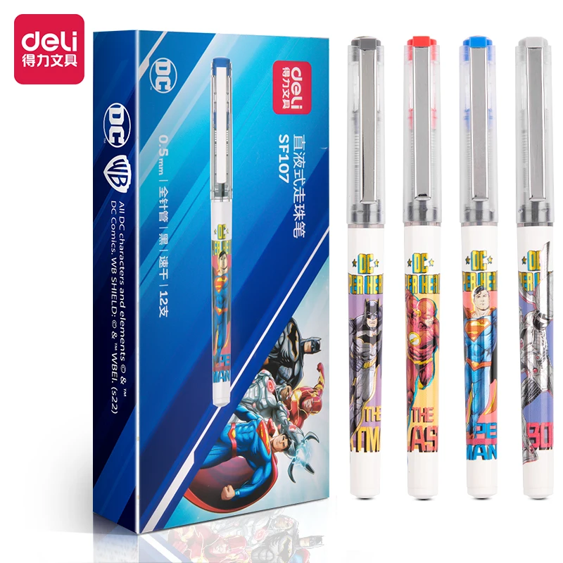 

4Pcs DELI SF107 Justice League DC Straight Liquid Pen 0.5mm Full Needle Tube Black Ink School Student Supplies Stationery