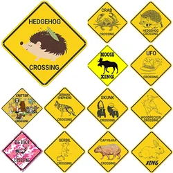 Animal Hedgehog Xing Crossing Metal Tin Road Signs Aluminum Reflective Black on Yellow Metal Sign Weatherproof for Outdoor Use