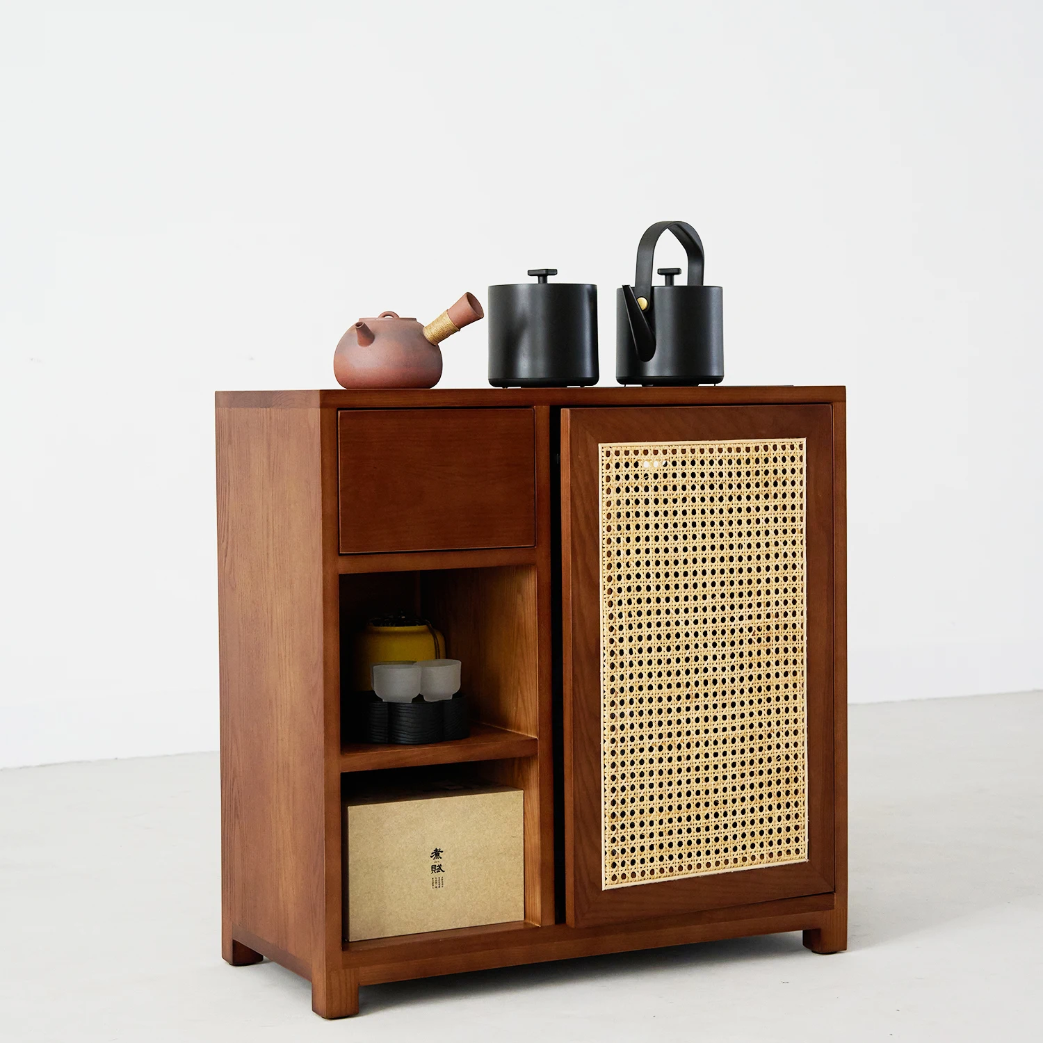 Simple Retro Solid Wood Living Room Tea Cabinet Side Kettle Integrated Rattan Water Boiling Table