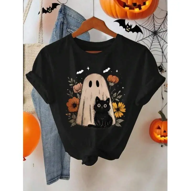 C 852 와이드 로윈 패턴 귀여운 꽃 유령 디자인 크로스보더 캐주얼 스포츠웨어 세트 남성용 가을 7부 바지