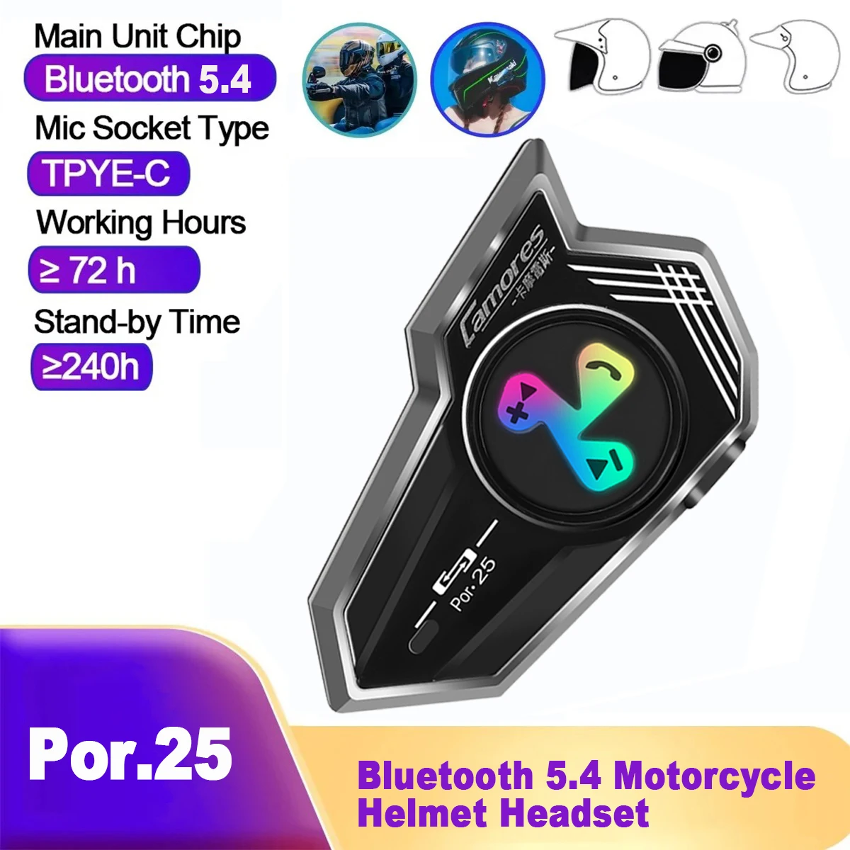 

Por25 Wireless Motorcycle Helmet Headset Hands-free Call Kit Bluetooth5.4 Motorcycle Waterproof Earphone with RGB Colorful Light