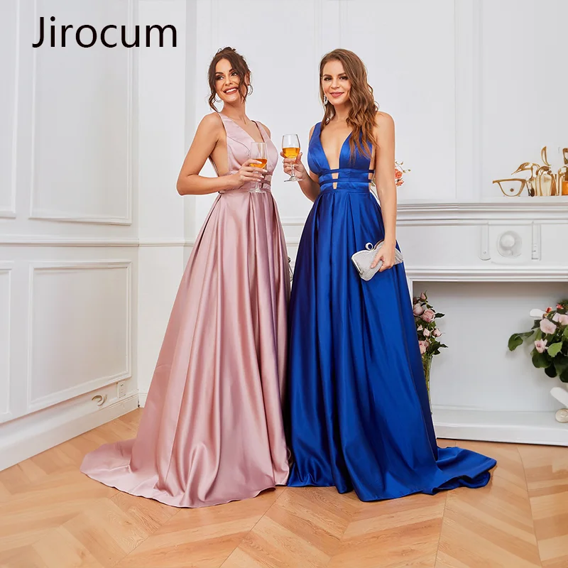 Jirocum Deep V-neck Satin Evening Dress Women's A-line Long Formal Party Prom Gowns Sexy Red Sleeveless Cocktail Dresses 2024