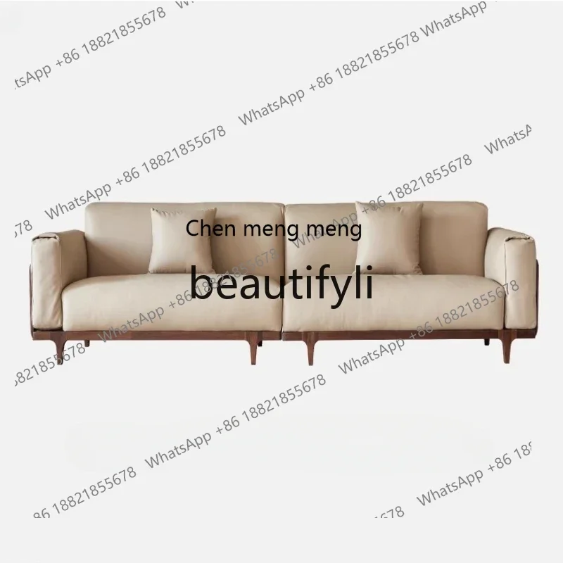 

182Q North American black walnut sofa leather living room straight row sofa solid wood light luxury four people
