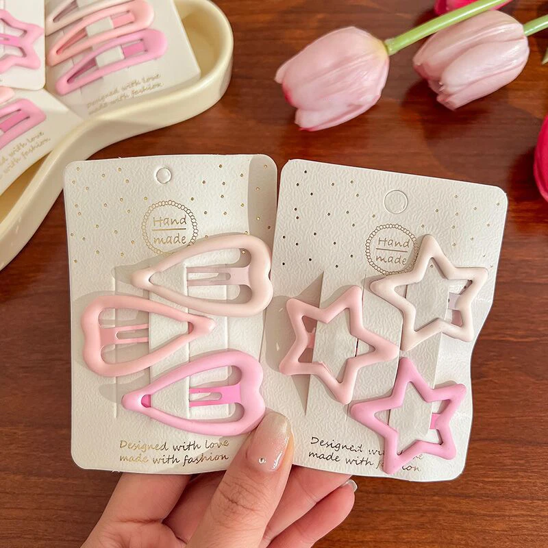 3PCS Set Pink Simple Heart Star Basic Hair Clips For Girl Children Cute Korea Metal Hairpin Barrettes Fashion Accessories Gift