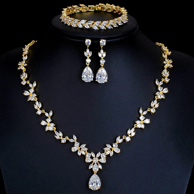 Ekopdee Gorgeous New Luxury Shiny Cubic Zirconia Teardrop Necklace Earrings Bracelet Jewelry Sets For Wedding Women Jewellery