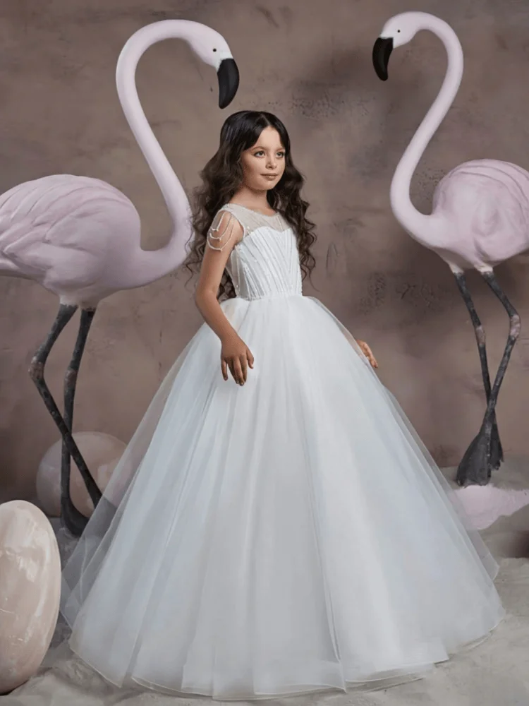 Custom Flower Girl Dress White Illusion Neck Floor Length Pearl Chain Sleeve Pleated Beaded Bodice Multi-Layer Air Tulle