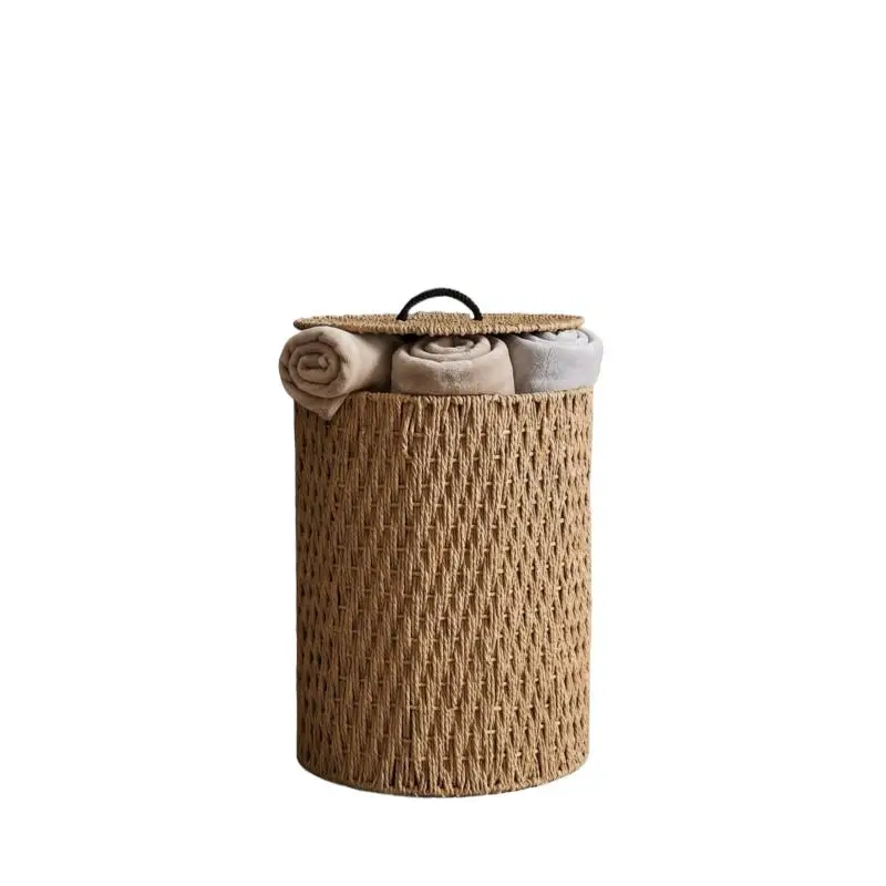 Rattan Storage Bin with Lid Dustproof Round Cylinder Clothes Basket Rustic Wooden Organizer for Home Bedroom Living Room