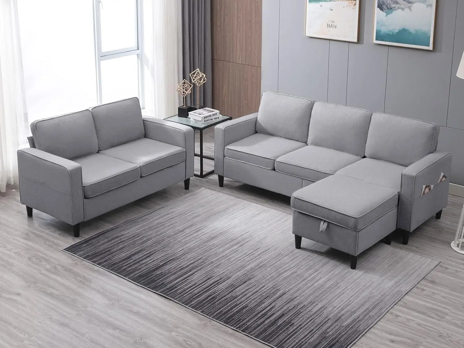 3 Seat Couch & Loveseat Sofa with Side Pockets & Movable Storage Ottoman, Modern Convertible Upholstered Couches Office