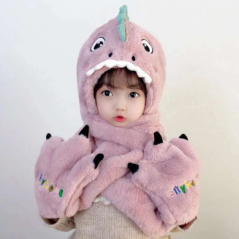 Children\'s Hat Winter Boys and Girls Baby Winter Warm Cute Dinosaur Plush Neck Scarf One Piece Set