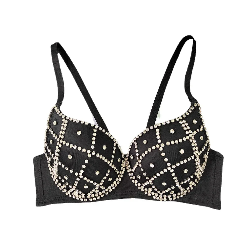 Plaid Glittering Rhinestone Underwire Triangle Cup Bra for Nightclub and Party Chest Wrap Sexy Lingerie Bras Women Push Up Tops