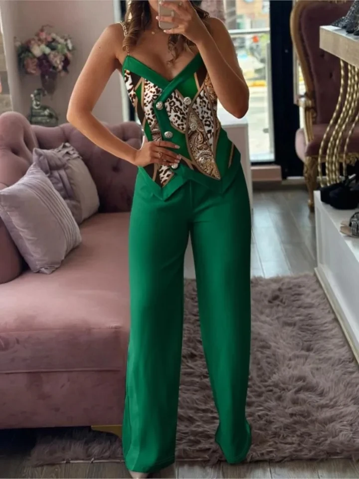

Spring Summer New Print Fashion Double Breasted Halter Women's Suit Sexy Slim Elegant Simple Trousers Female Office 2 Piece Set