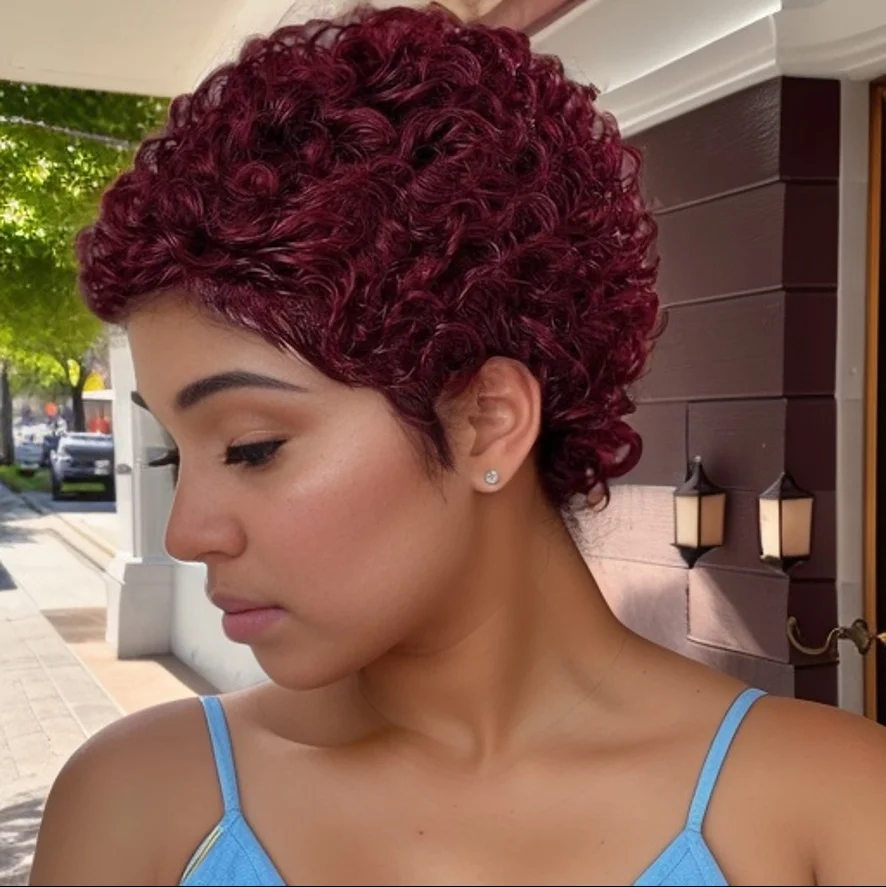 짧은 곱슬머리 픽시컷 밥 가발 여성용 전체 기계식 인모 가발