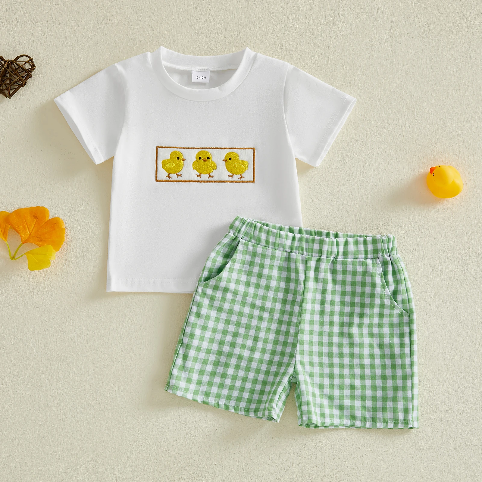 

Toddler Boys 2 Piece Clothing Set with Cute Dinosaur Print Short Sleeve T-Shirt and Denim Shorts for Summer Wear