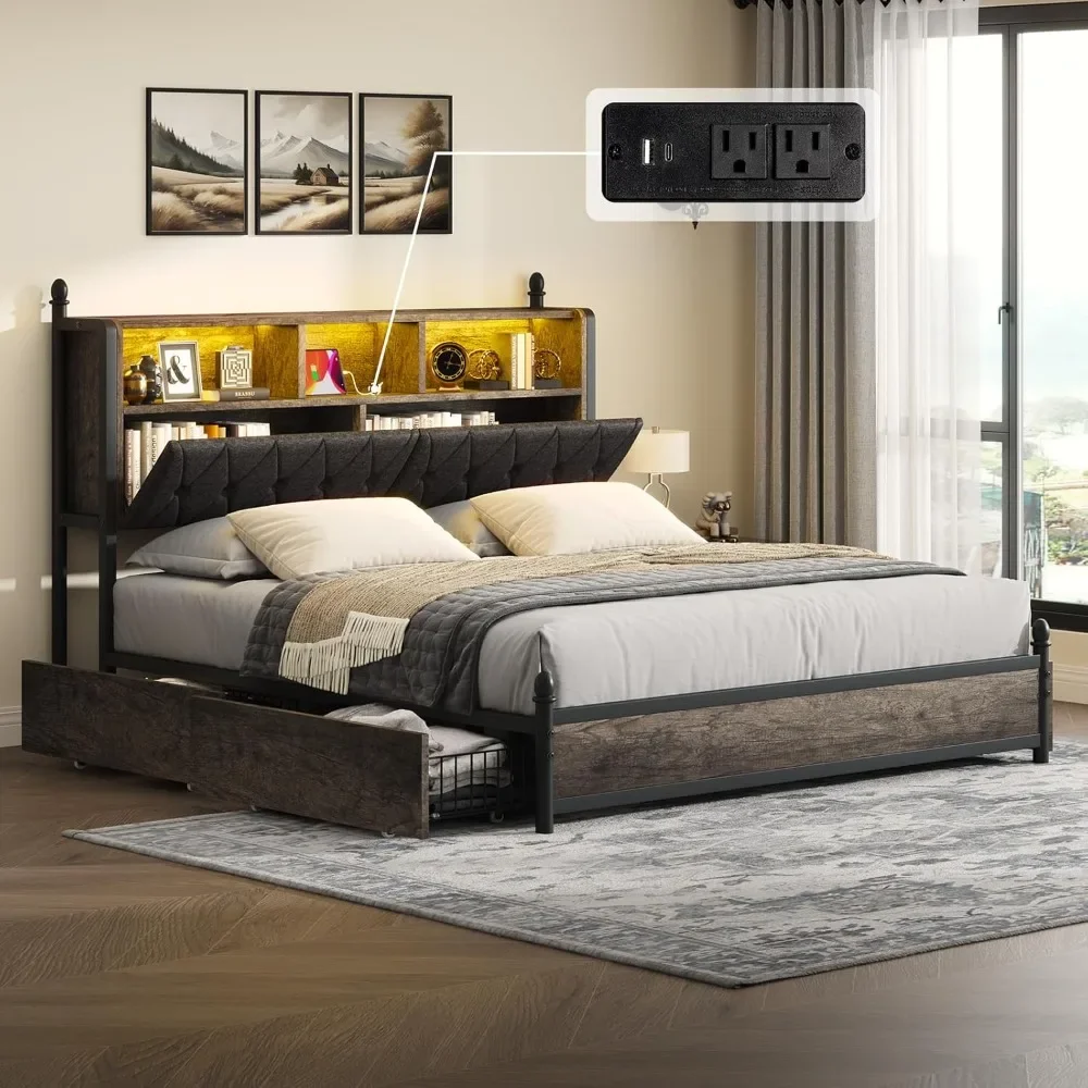 

King Bed Frame with 2-Tier Storage Headboard and 4 Storage Drawers，Hidden Areas and Charging Station，Metal LED Bed Frame