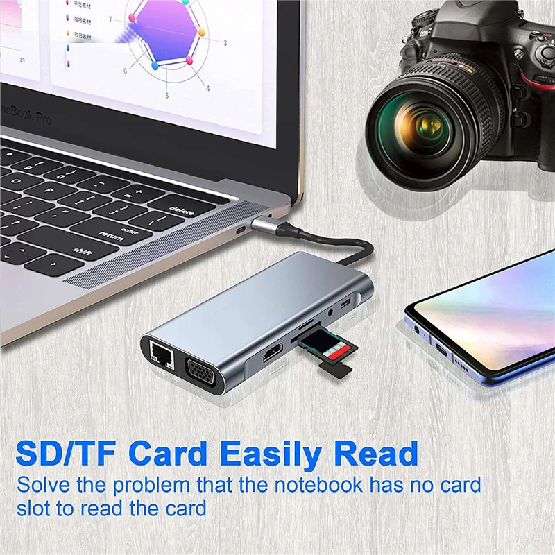 محطة إرساء USB C HUB ، متوافقة مع 4K HDMI ، VGA ، منفذ USB ، نوع C ، RJ45 ، إيثرنت ، SD ، قارئ بطاقة TF ، 11 في 1