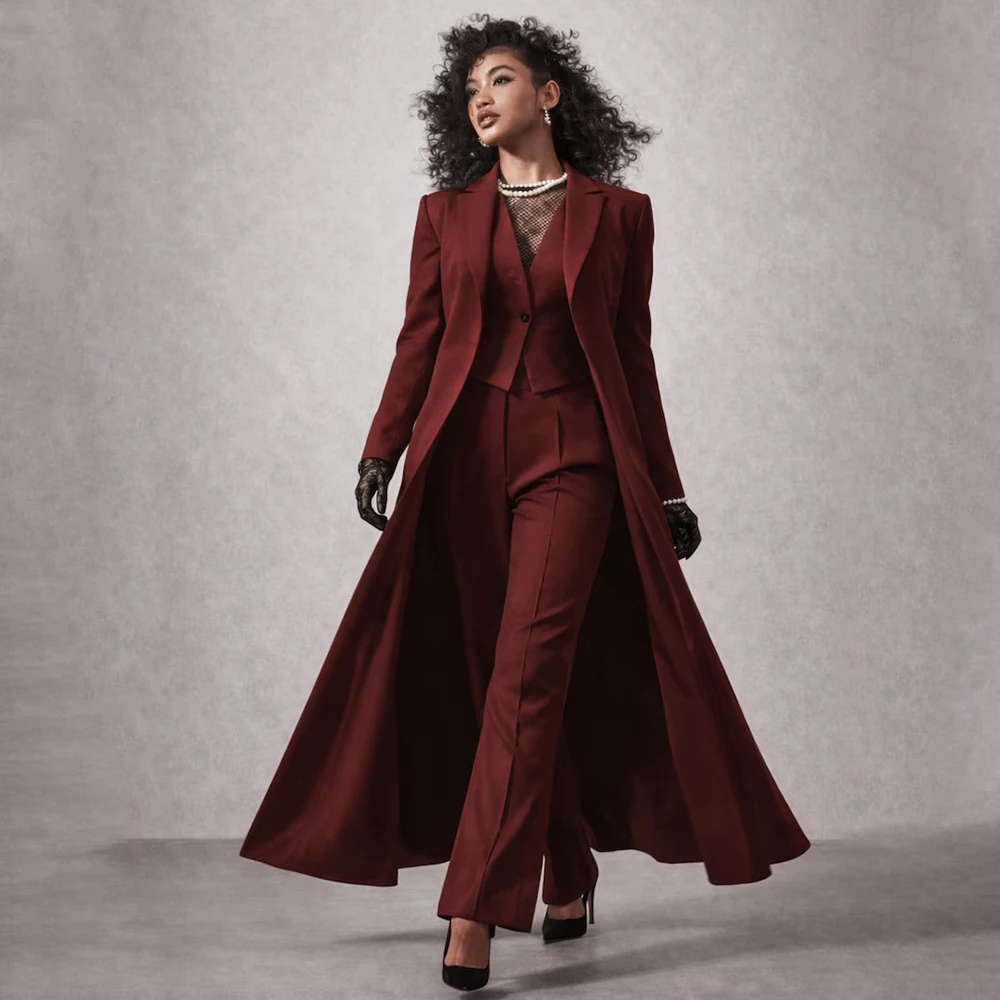 

High Quality Women's Suits Long Jacket Pants Vest Sets Luxury Long Trench Formal Single Breasted Peak Lapel Full Sets for Work