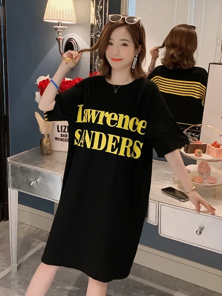 Women Straight Dress Striped Baseball Letters Print Spring Autumn Cotton Graohic Tee Dress Japan Style T Shirt Dress SP597