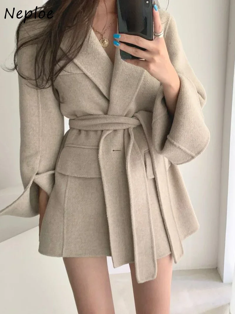 Neploe OL 2024 Autumn Winter Clothes Women V Neck Solid Color Long Sleeve Jaquetas Single Button Slim Waist Bandage Chaquetas