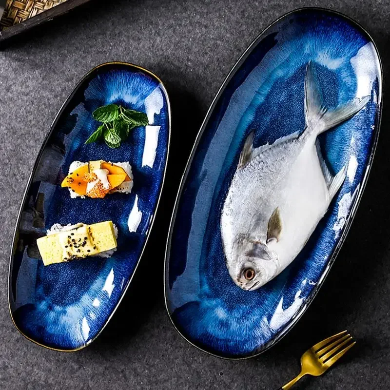 

Japanese Style Kiln Cat Tye Blue Fish Plate Serving Platter Household Steamed Oval Dinner Plates Large Glaze Color Sushi Plate